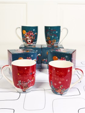 Holiday & Reindeer Print Mug Set (4pcs)